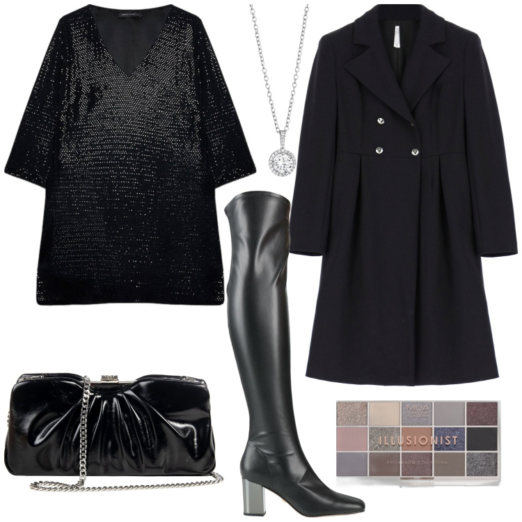 Outfit donna - Serata. Stile Glamour per Serata fuori. Abbinamento con stivali, ombretti, collane, pochette, cappotti, vestiti corti.