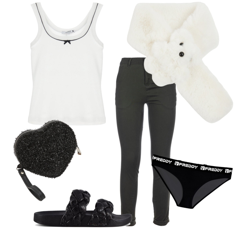 Outfit donna - Domenica sera in relax. Stile Basic per Tutti i giorni. Abbinamento con portafogli, sciarpe, top, pantaloni, culotte, ciabatte.