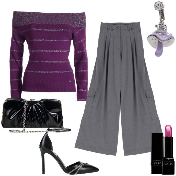 Outfit donna - Serata fra donne. Stile Glamour per Serata fuori. Abbinamento con décolleté, orecchini, rossetti, pochette, maglieria, pantaloni cargo.
