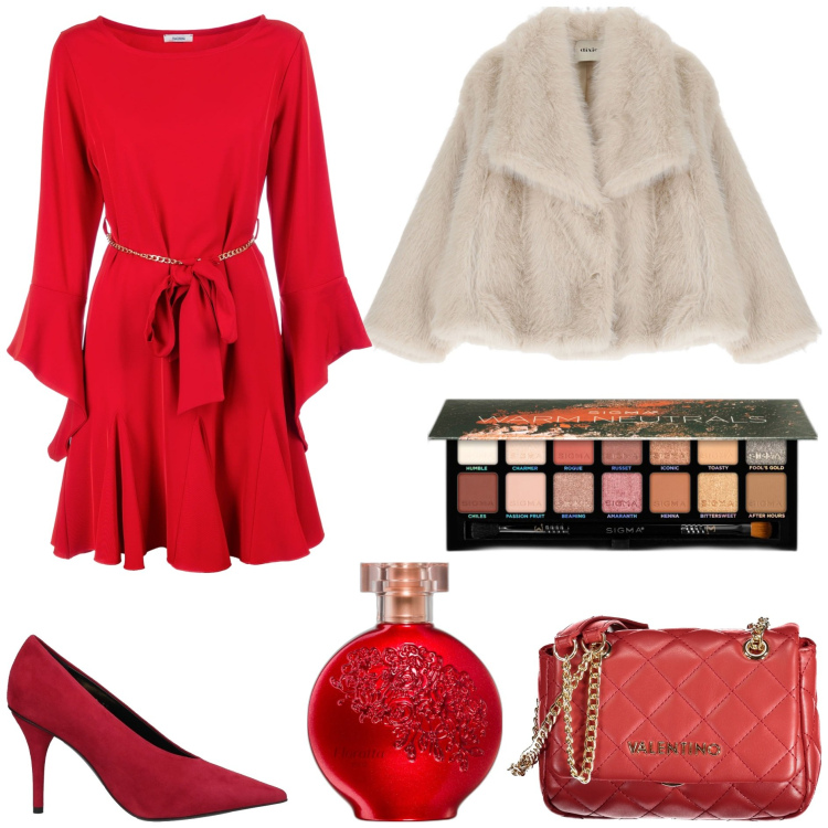 Outfit donna - Mini abito ed eco-fur. Stile Glamour per Serata fuori. Abbinamento con ombretti, profumi, décolleté, vestiti, ecopellicce, borse a tracolla.