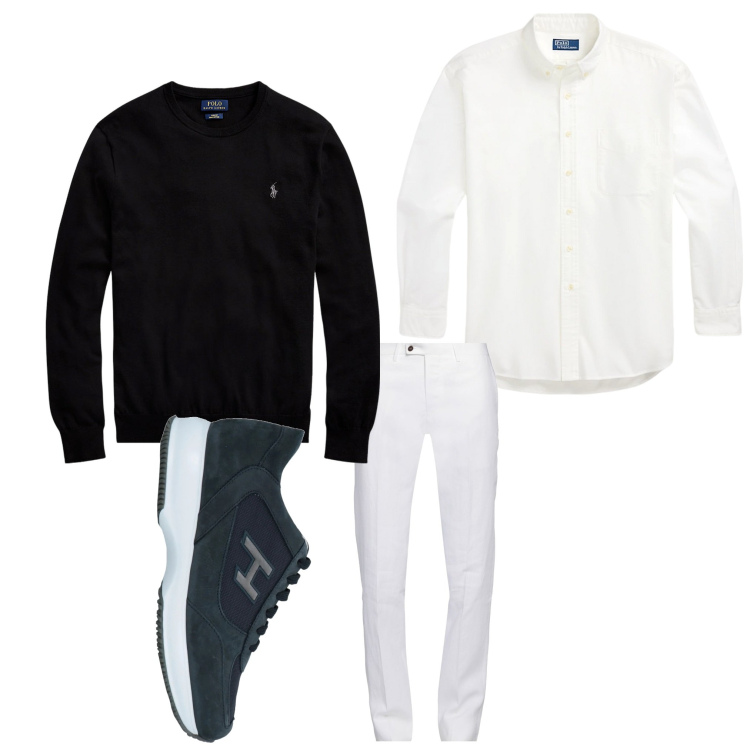 Outfit uomo - Bianco nero. Stile Casual per Tutti i giorni. Abbinamento con sneakers, pantaloni, maglieria, camicie.