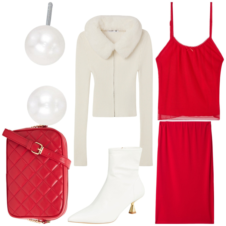 Outfit donna - Feliz Navidad. Stile Chic per Serata fuori. Abbinamento con cardigans, top, stivaletti, gonne longuette, borse a tracolla, orecchini.