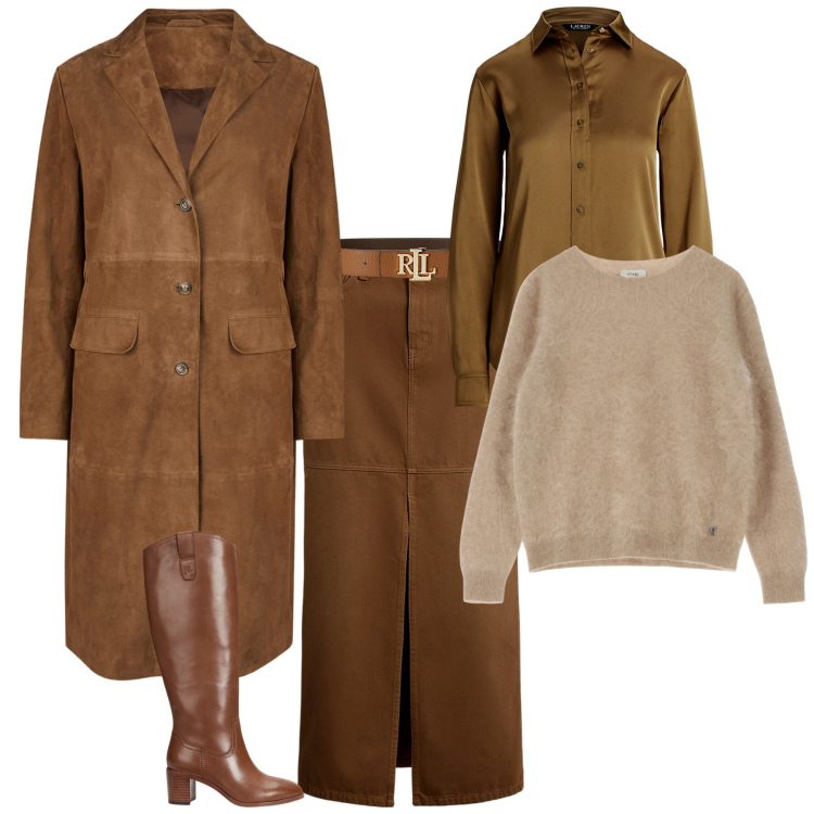 Outfit donna - Total look #2012819. Stile Minimal per Serata fuori. Abbinamento con pullovers, cinture, camicie, gonne, stivali, cappotti.