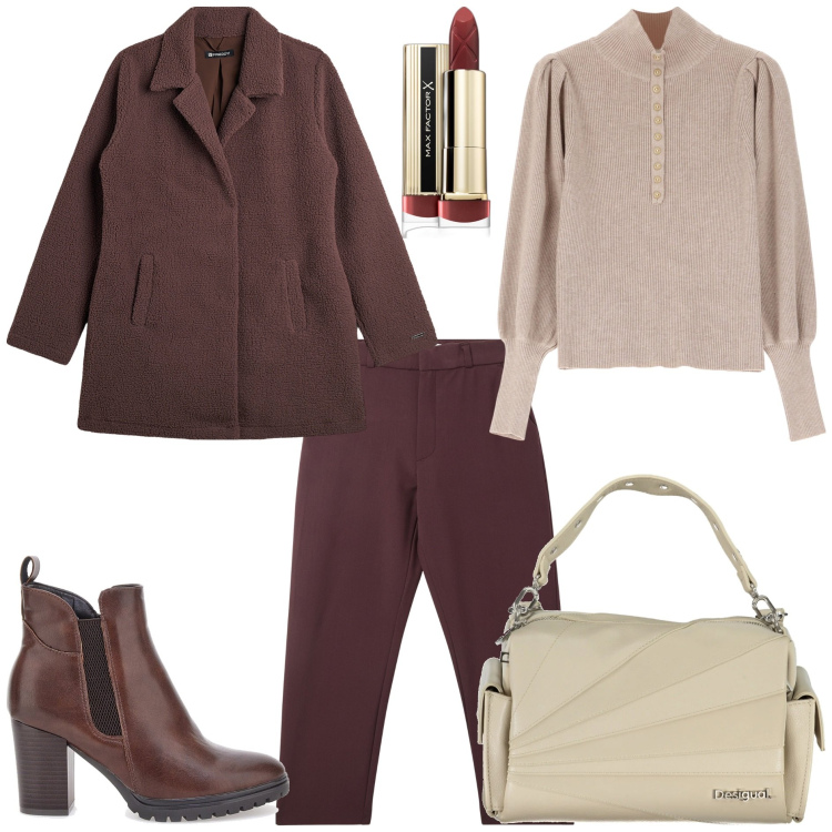 Outfit donna - Low cost forme morbide. Stile Basic per Tutti i giorni. Abbinamento con rossetti, pantaloni chino, maglieria, blazer, stivaletti, borse a spalla.