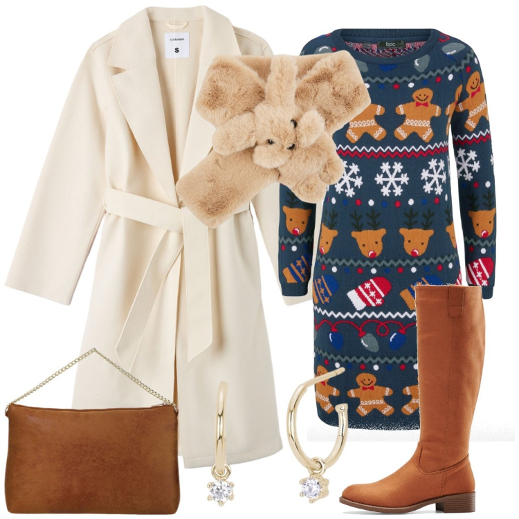 Outfit donna - Total look #2012821. Stile Preppy per Tutti i giorni. Abbinamento con stivali, vestiti, cappotti, sciarpe, orecchini, pochette.
