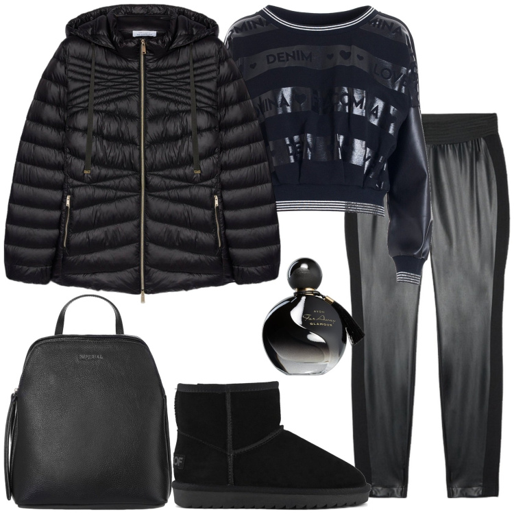 Outfit donna - Total Black!. Stile Sporty chic per Tutti i giorni. Abbinamento con profumi, felpe, zaini, stivali, pantaloni skinny, piumini.
