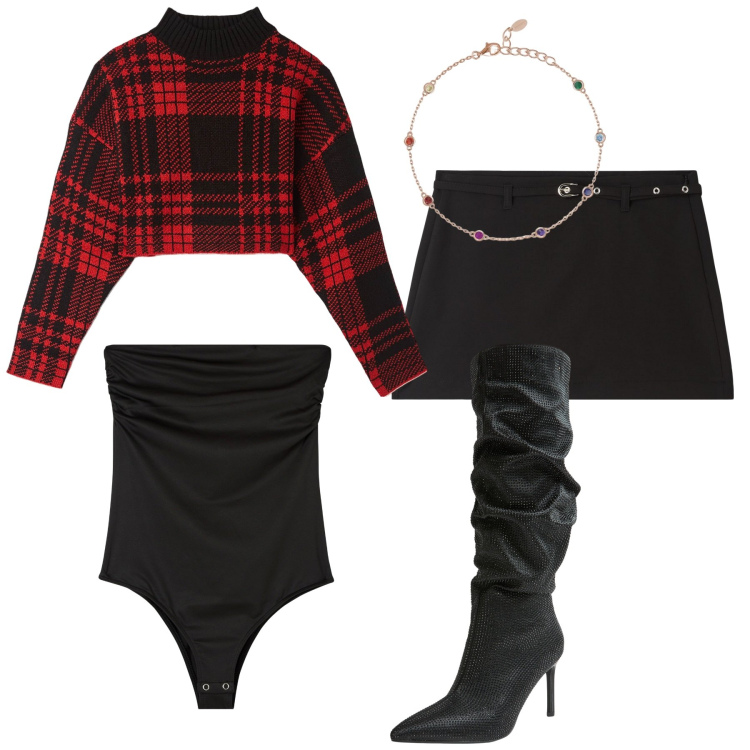 Outfit donna - Tartan in rosso. Stile Sexy per Serata fuori. Abbinamento con body, minigonne, maglieria, stivali, braccialetti.