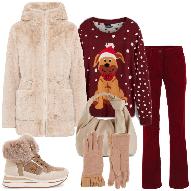 Outfit donna - Total look #2012828. Stile Casual per Tutti i giorni. Abbinamento con ecopellicce, pantaloni, borse a mano, maglieria, guanti, stivaletti.