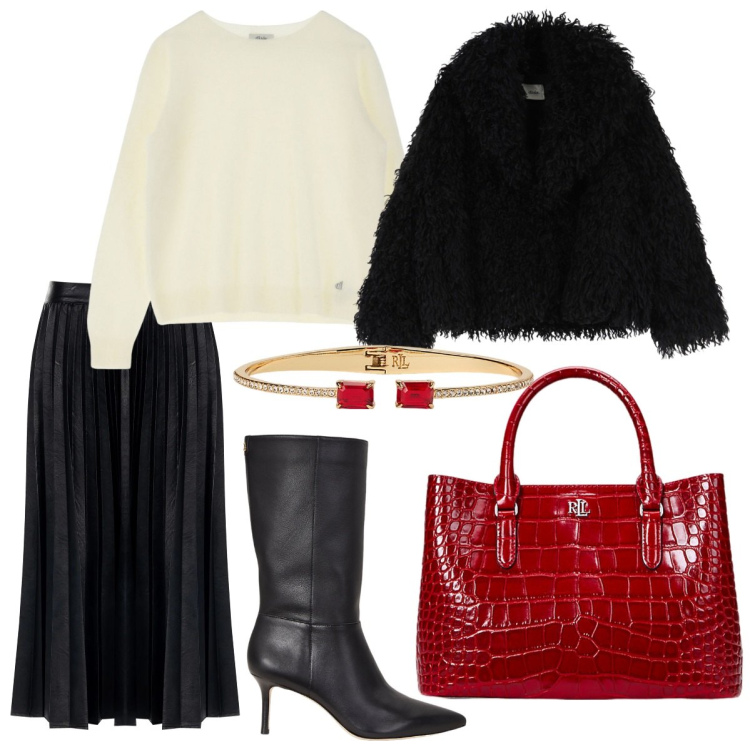 Outfit donna - Cosy Christmas Style. Stile Casual chic per Serata fuori. Abbinamento con gonne longuette, cappotti, pullovers, stivali, borse a mano, braccialetti.