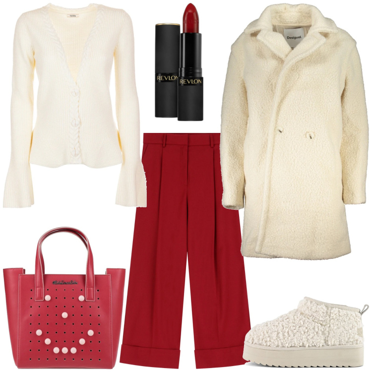 Outfit donna - Christmas style. Stile Trendy per Tutti i giorni. Abbinamento con borse a mano, rossetti, cardigans, pantaloni, stivaletti, cappotti.