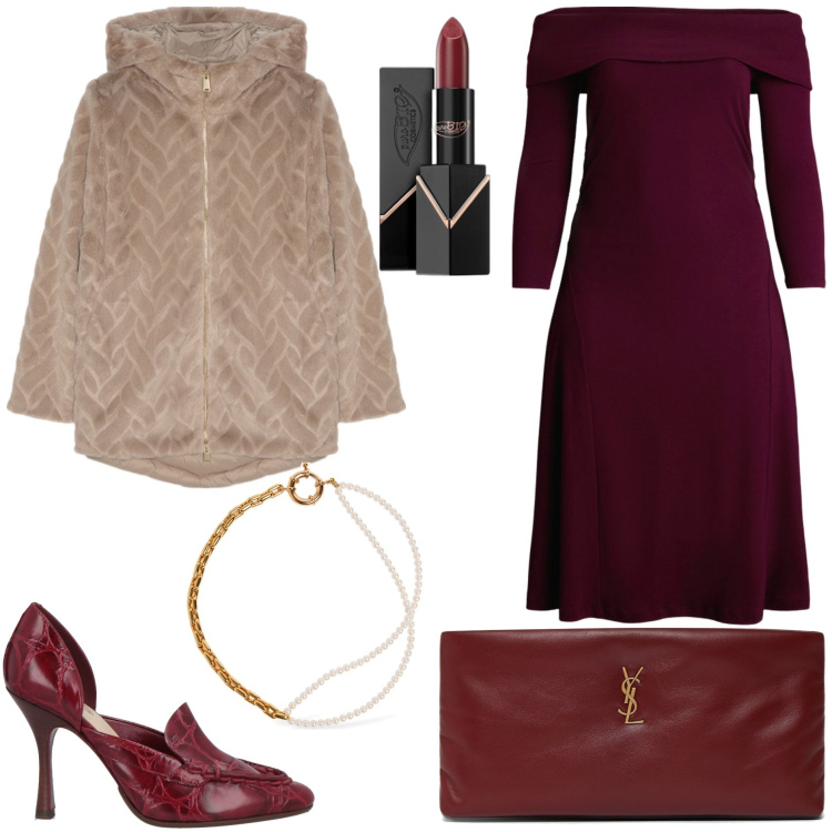 Outfit donna - Il pranzo di lavoro. Stile Chic per Ufficio. Abbinamento con décolleté, rossetti, vestiti, blazer, pochette, collane.
