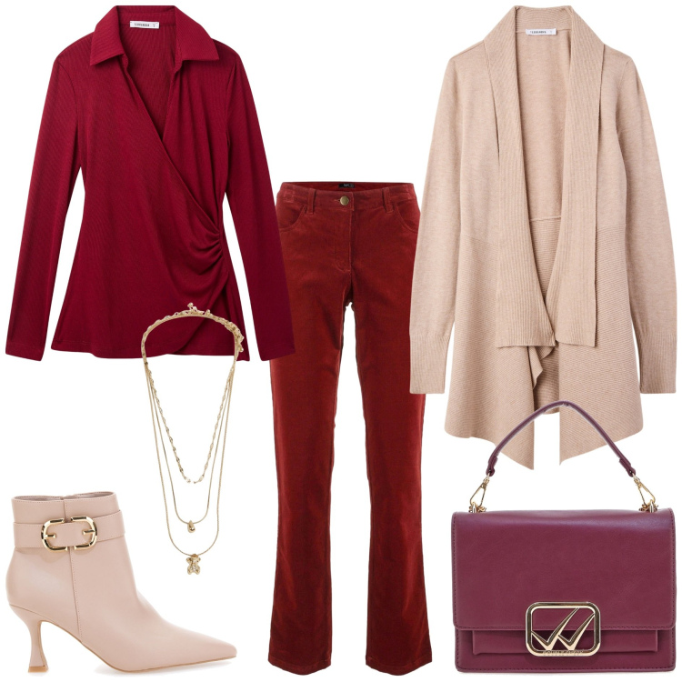 Outfit donna - Ufficio basic. Stile Basic per Ufficio. Abbinamento con pantaloni, polo, cardigans, ciondoli, stivaletti, borse a tracolla.