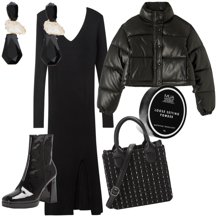 Outfit donna - Serata con la BFF. Stile Trendy per Serata fuori. Abbinamento con ciprie, vestiti lunghi, stivaletti, piumini, shopping bag, orecchini.