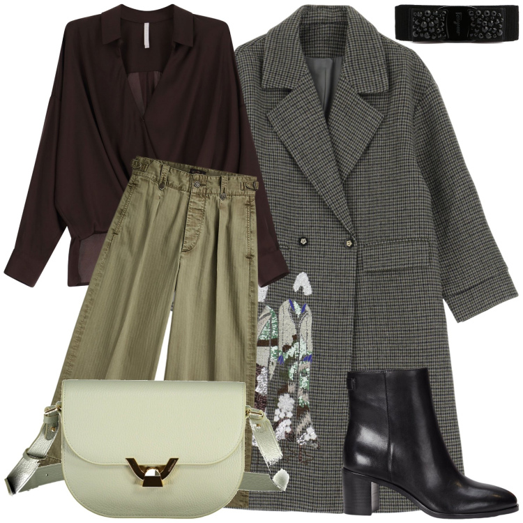 Outfit donna - Cena coi colleghi. Stile Urban per Serata fuori. Abbinamento con camicie, pantaloni, stivaletti, trench, borse a tracolla, accessori per capelli.