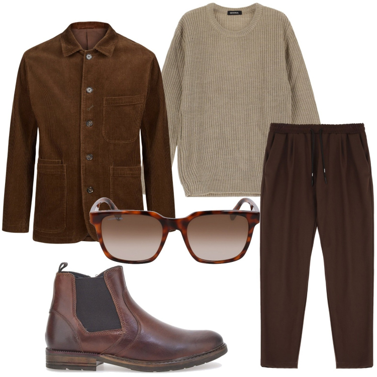 Outfit uomo - La giacca color caffè. Stile Trendy per Ufficio. Abbinamento con pantaloni, maglieria, stivali e stivaletti, giacche, occhiali da sole.