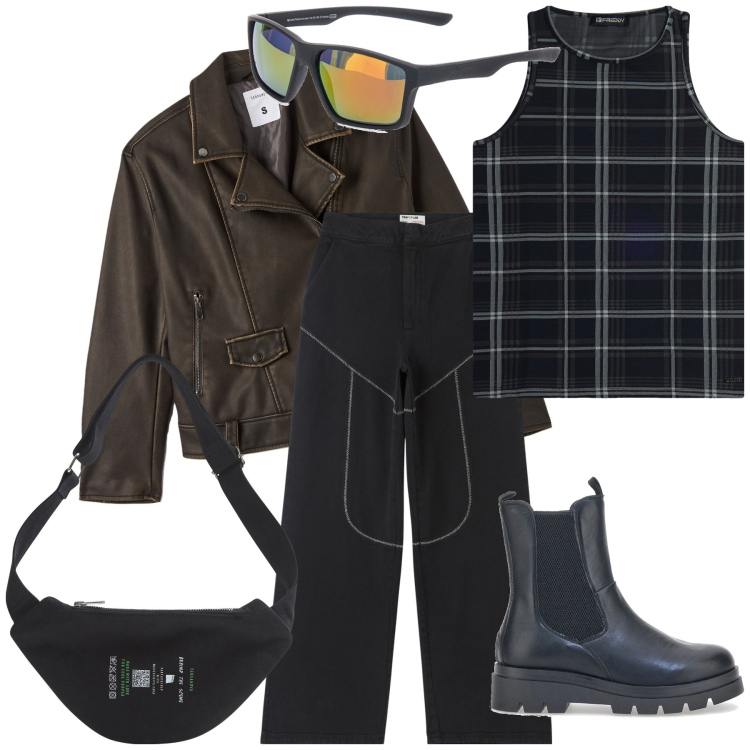 Outfit donna - Passeggiata ad ottimi sconti. Stile Basic per Tutti i giorni. Abbinamento con jeans, marsupi, giacche, canottiere, stivaletti chelsea, occhiali da sole.