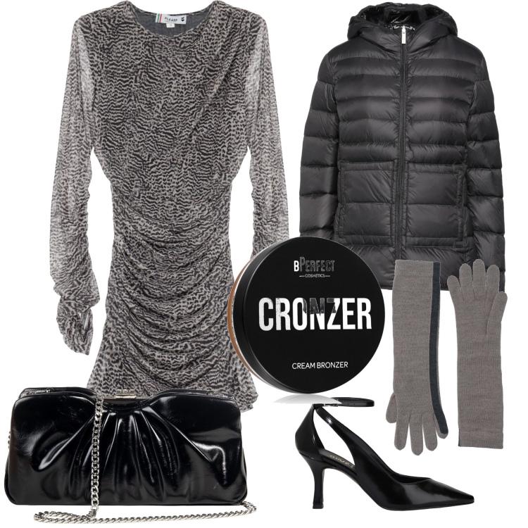 Outfit donna - Stasera tutta in sconto. Stile Glamour per Serata fuori. Abbinamento con piumini, guanti, terre, pochette, vestiti corti, décolleté.