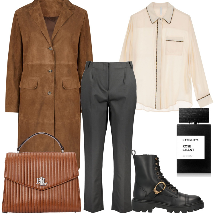 Outfit donna - Ufficio in sconto. Stile Bon Ton per Ufficio. Abbinamento con stivaletti, profumi, camicie, borse a mano, cappotti, pantaloni.