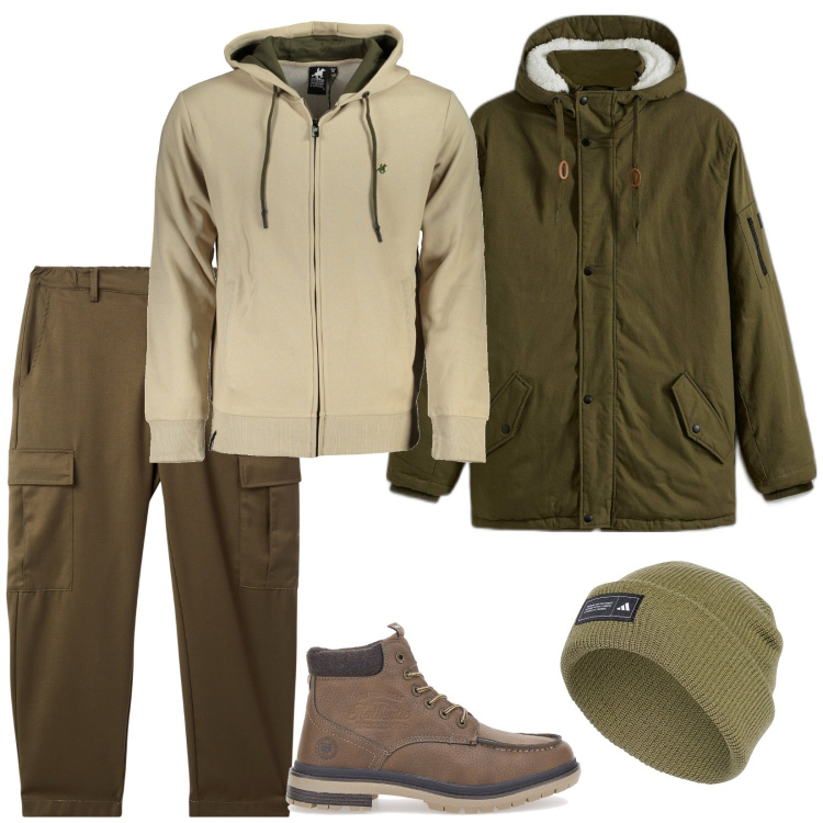Outfit uomo - Con il parka. Stile Casual per Tutti i giorni. Abbinamento con parka, pantaloni cargo, stivali e stivaletti, felpe con cappuccio, berretti.