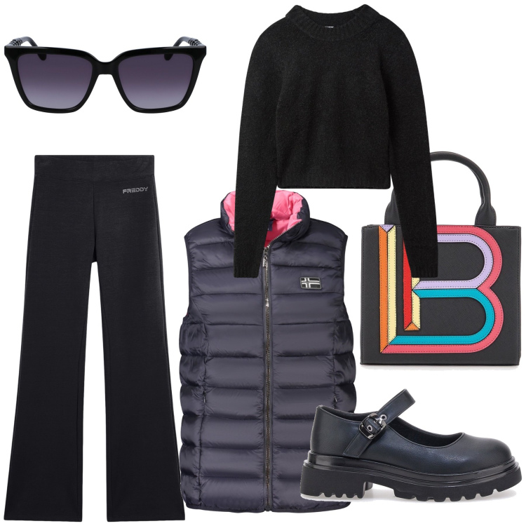 Outfit donna - Total look. Stile Basic per Tutti i giorni. Abbinamento con maglieria, pantaloni, ballerine, occhiali da sole, borse a mano, blazer.
