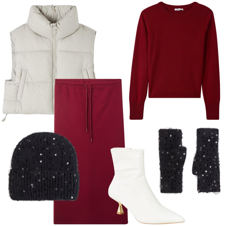 Outfit donna - Terranova - Xmas Edition 2024. Stile Casual chic per Serata fuori. Abbinamento con gonne longuette, maglieria, guanti, berretti, stivaletti, piumini.