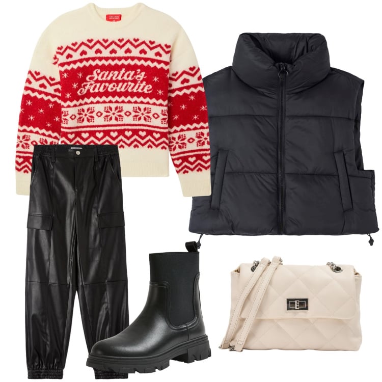Outfit donna - Terranova - Xmas Edition 2024. Stile Glamour per Serata fuori. Abbinamento con piumini, pantaloni cargo, borse a spalla, stivaletti chelsea, maglieria.
