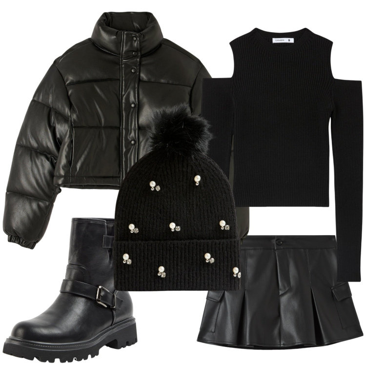 Outfit donna - Terranova - Xmas Edition 2024. Stile Rock per Serata fuori. Abbinamento con berretti, stivaletti, minigonne, maglieria, piumini.