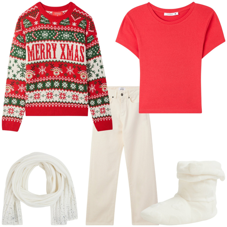 Outfit donna - Vigilia a casa. Stile Basic per Tutti i giorni. Abbinamento con pantofole, pantaloni, maglieria, t-shirt, sciarpe.