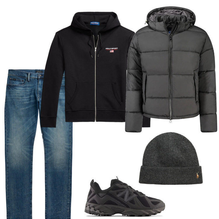 Outfit uomo - Total look #2012896. Stile Casual per Tutti i giorni. Abbinamento con sneakers, berretti, felpe con cappuccio, jeans, giacche.