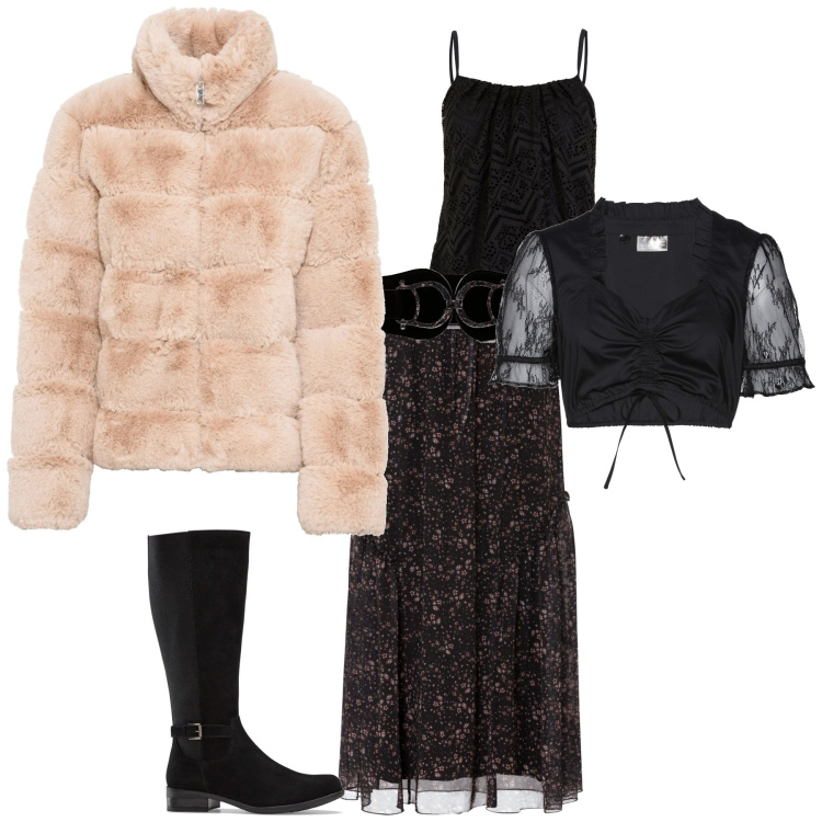 Outfit donna - Total look #2012899. Stile Vintage retrò per Serata fuori. Abbinamento con ecopellicce, gonne, cinture, stivali, top, camicie.