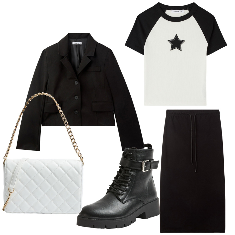 Outfit donna - Una stella. Stile Casual chic per Serata fuori. Abbinamento con gonne longuette, t-shirt, blazer, anfibi, borse a tracolla.