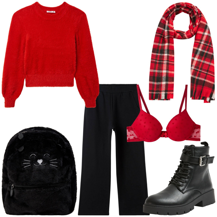 Outfit donna - Terranova - Xmas Edition 2024. Stile Basic per Tutti i giorni. Abbinamento con reggiseni push-up, maglieria, anfibi, zaini, pantaloni, sciarpe.