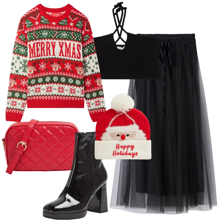 Outfit donna - Terranova Xnas edition. Stile Trendy per Serata fuori. Abbinamento con top, gonne lunghe, stivaletti, borse a tracolla, berretti, maglieria.