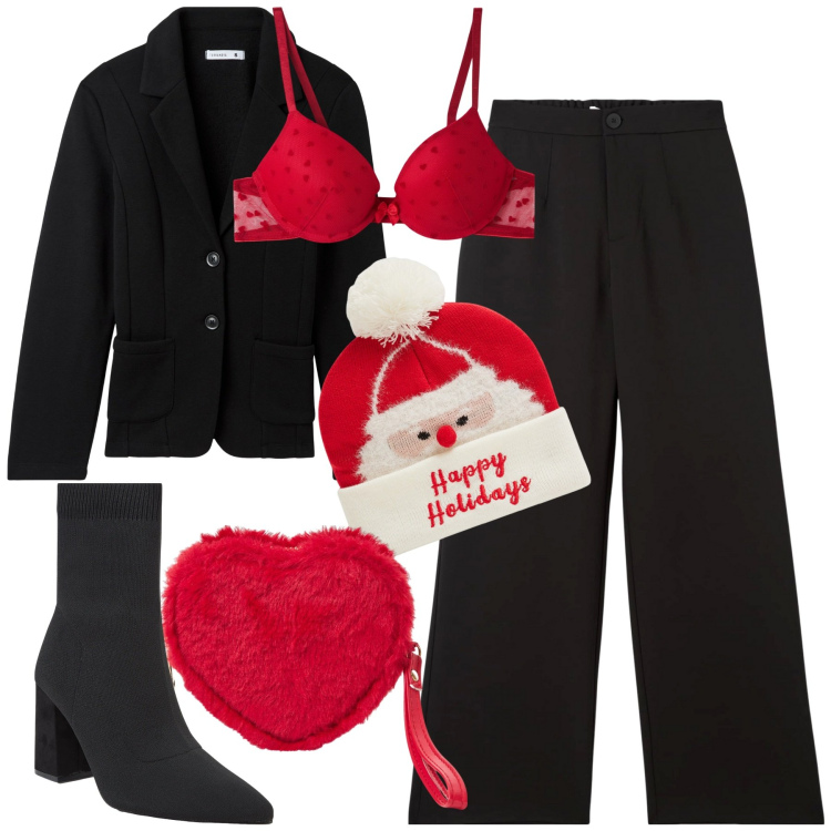 Outfit donna - Terranova Xmas edition. Stile Trendy per Serata fuori. Abbinamento con berretti, reggiseni push-up, portafogli, pantaloni, blazer, stivaletti.