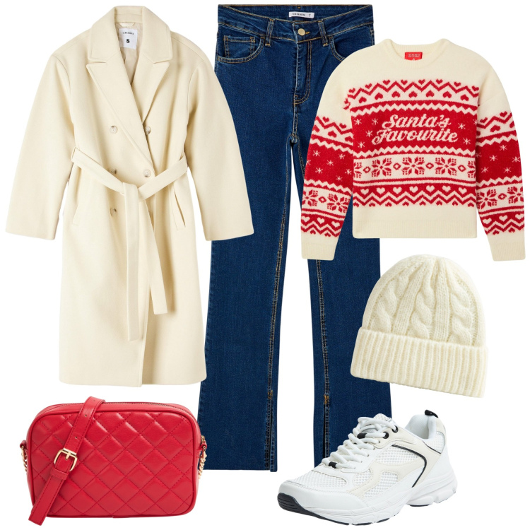 Outfit donna - Terranova Xmas. Stile Casual per Tutti i giorni. Abbinamento con berretti, jeans dritti, cappotti, sneakers, maglieria, borse a tracolla.