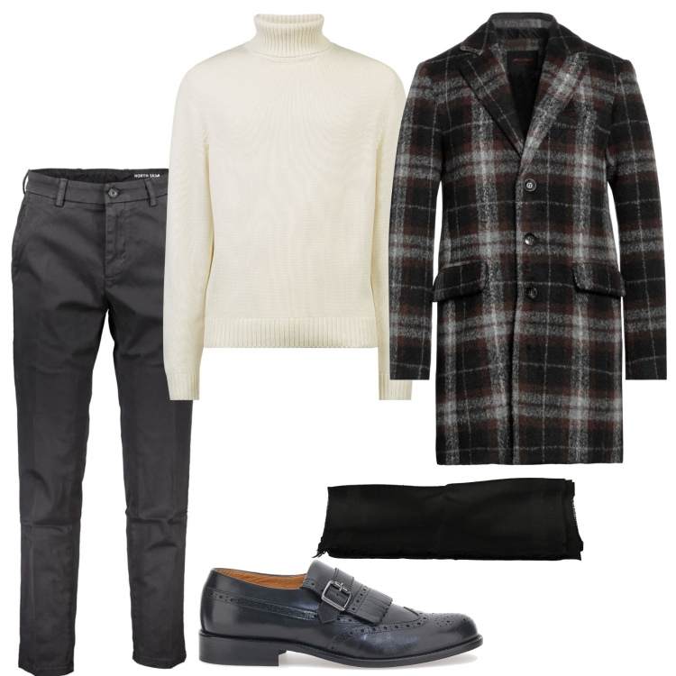 Outfit uomo - Cena solo io e te. Stile Trendy per Serata speciale. Abbinamento con cappotti, scarpe stringate, sciarpe e foulard, pantaloni, maglieria.