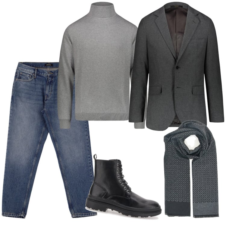 Outfit uomo - Aperitivo. Stile Trendy per Serata speciale. Abbinamento con jeans, giacche, maglieria, anfibi, sciarpe.