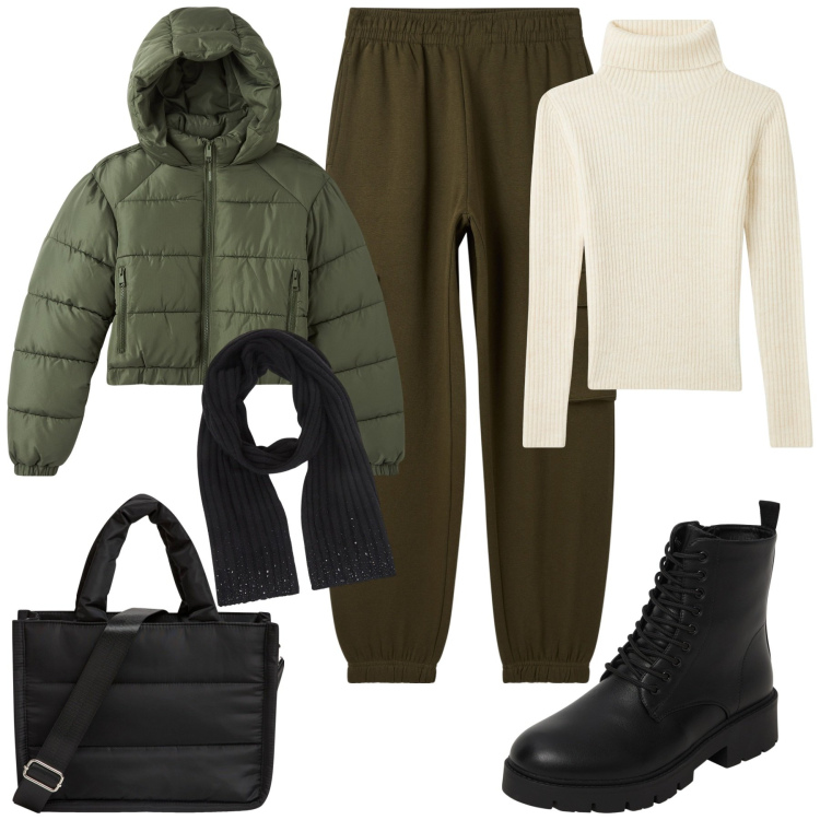 Outfit donna - Terranova Christmas Edition. Stile Casual per Tutti i giorni. Abbinamento con shopping bag, pantaloni cargo, anfibi, maglieria, blazer, sciarpe.