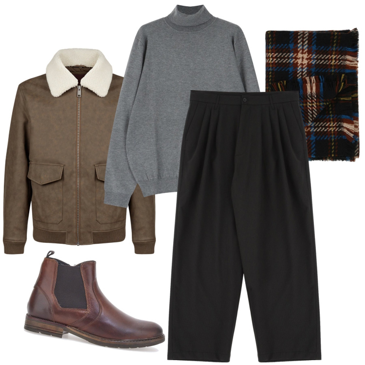 Outfit uomo - La dolcevita grigia. Stile Business/Elegante per Ufficio. Abbinamento con pantaloni, sciarpe, maglieria, giacche, stivali e stivaletti.