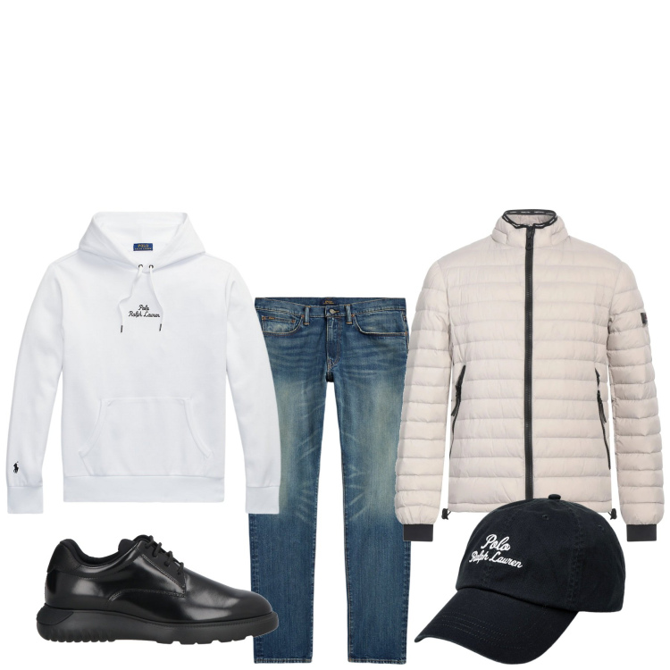 Outfit uomo - Accompagno mia figlia a scuola. Stile Urban per Tutti i giorni. Abbinamento con scarpe stringate, piumini, cappelli, felpe con cappuccio, jeans.