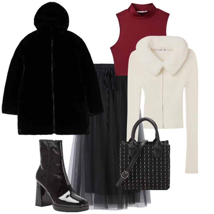 Outfit donna - Total look #2012957. Stile Romantica per Serata fuori. Abbinamento con cardigans, gonne lunghe, shopping bag, top, stivaletti, ecopellicce.