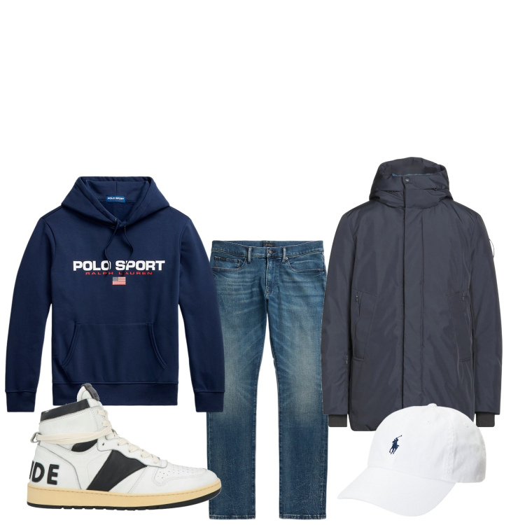 Outfit uomo - Bianco e blu. Stile Urban per Tutti i giorni. Abbinamento con parka, sneakers alte, cappelli, jeans, felpe con cappuccio.