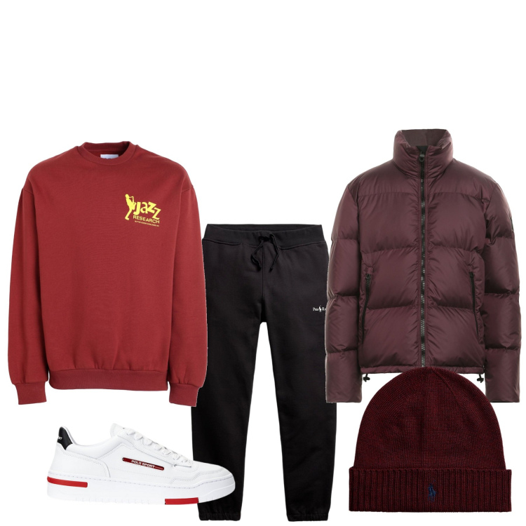 Outfit uomo - Al parco. Stile Urban per Tutti i giorni. Abbinamento con piumini, felpe, berretti, sneakers, pantaloni.