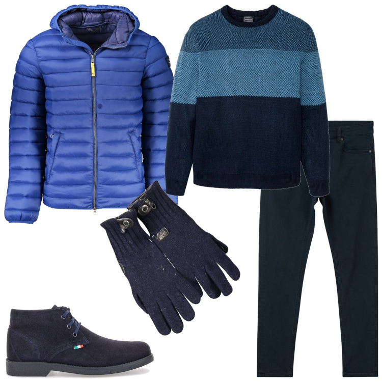 Outfit uomo - Stamattina temperatura sotto zero. Stile Casual per Tutti i giorni. Abbinamento con maglieria, pantaloni skinny, guanti, giacche, scarpe stringate.