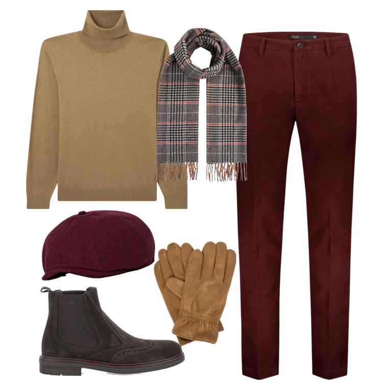 Outfit uomo - Natale in famiglia. Stile Business/Elegante per Tutti i giorni. Abbinamento con maglieria, pantaloni, stivali e stivaletti, cappelli con visiera, guanti, sciarpe.