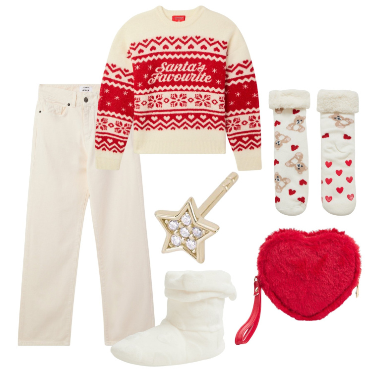 Outfit donna - Anti vigilia rilassata a casa. Stile Casual per Tutti i giorni. Abbinamento con pantofole, calzini, portafogli, maglieria, pantaloni, orecchini.