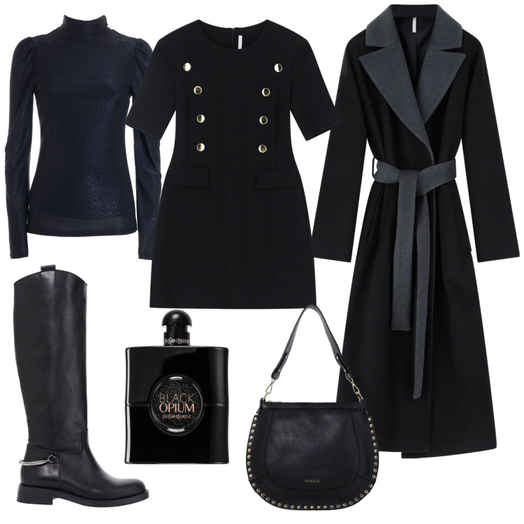 Outfit donna - Total look #2012991. Stile Sexy per Tutti i giorni. Abbinamento con profumi, stivali, cappotti, borse a spalla, vestiti corti, top.