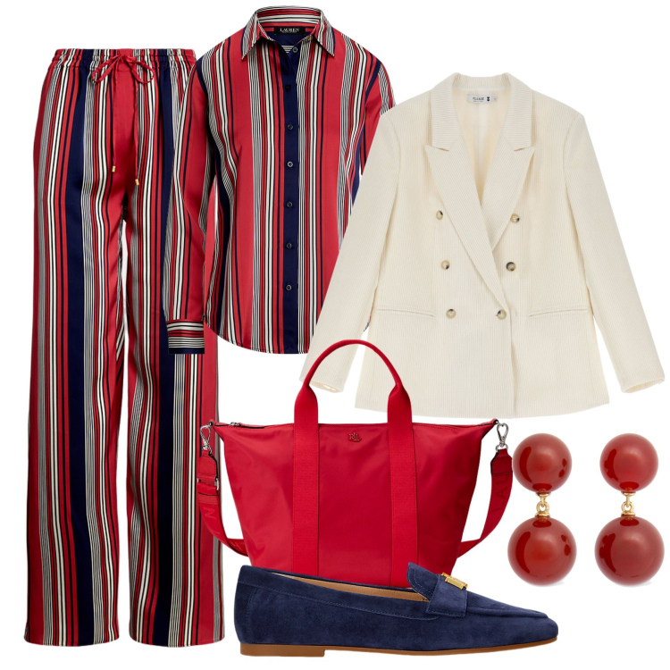 Outfit donna - Pijama mood. Stile Trendy per Ufficio. Abbinamento con blazer, mocassini, borse tote, camicie, pantaloni, orecchini.