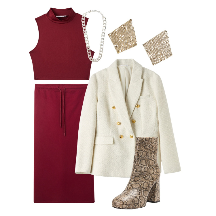 Outfit donna - Red & white. Stile Basic per Tutti i giorni. Abbinamento con gonne longuette, blazer, top, stivaletti, orecchini, collane.