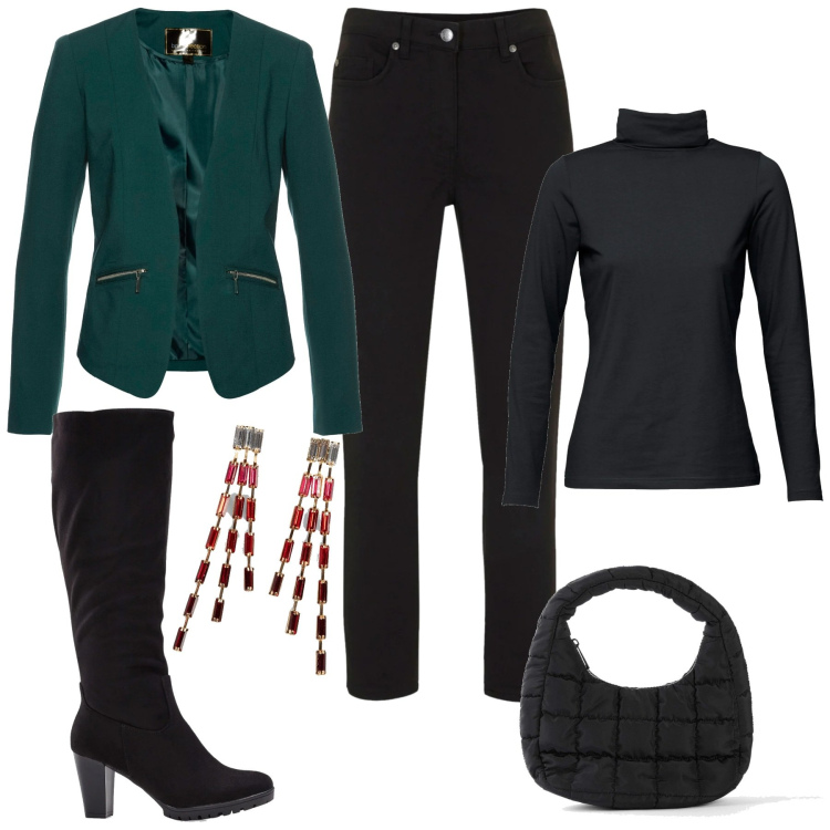 Outfit donna - Bonprix party glam. Stile Casual chic per Serata fuori. Abbinamento con blazer, maglieria, stivali, pantaloni, orecchini, borse a mano.